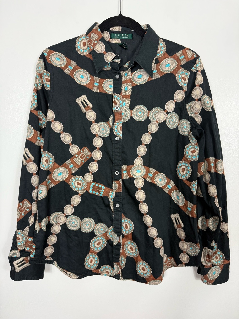 Lauren Ralph Lauren turquoise concho belt printed cotton button up shirt large